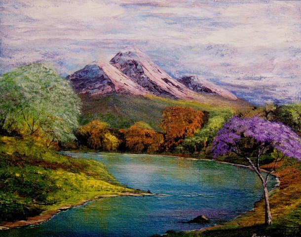 Beautiful Original Oil Painting Of lake and Mountain Scene